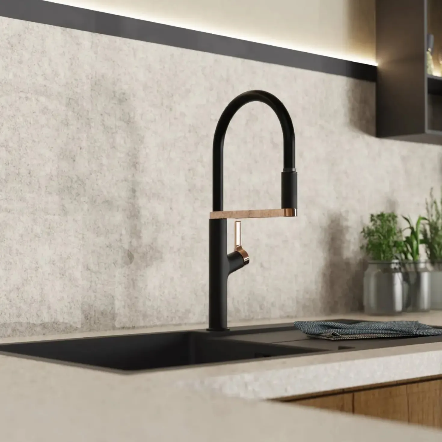 Wasserwerk Single Hole Pull Down Kitchen Faucet | Matte Black & Rose Gold