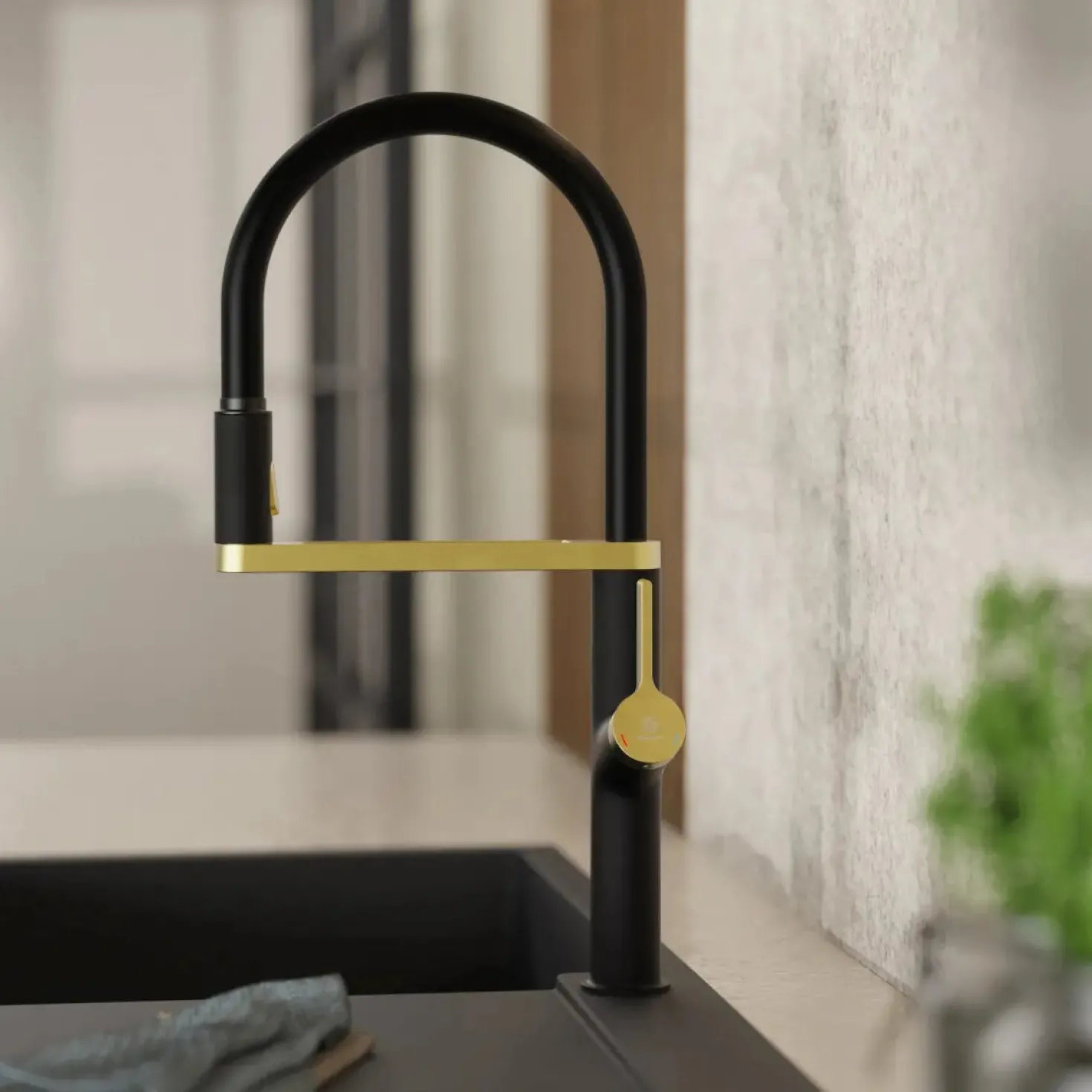 Wasserwerk Single Hole Pull Down Kitchen Faucet | Matte Black & Brushed Gold