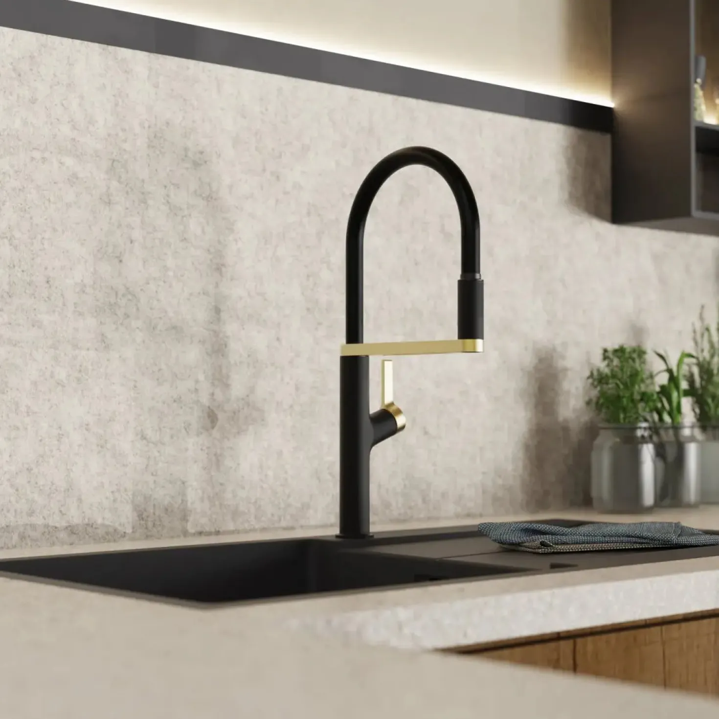 Wasserwerk Single Hole Pull Down Kitchen Faucet | Matte Black & Brushed Gold