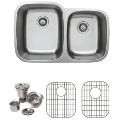 Wells Sinkware 32" 16-Gauge Double Bowl Undermount Stainless Steel Kitchen Sink with Grid Rack and Basket Strainer