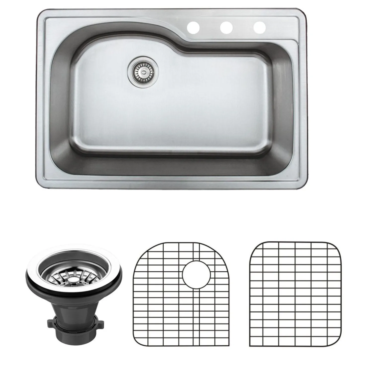 Wells Sinkware 33" 18-Gauge Drop-in Single Bowl Stainless Steel Sink with Grid Rack and Basket Strainer