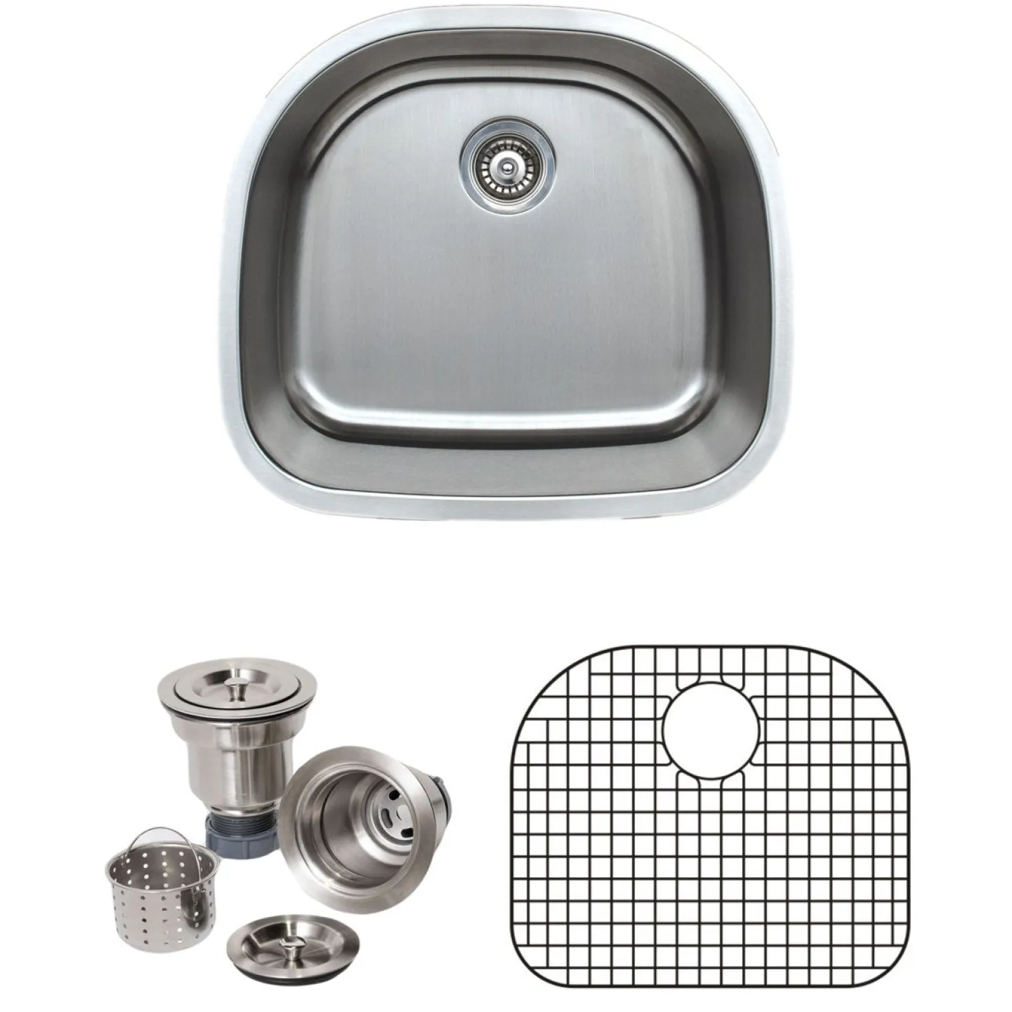 Wells Sinkware 24" 16-Gauge Undermount D-shaped Single Bowl Stainless Steel Kitchen Sink with Grid Rack and Basket Strainer