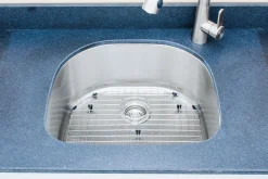 Wells Sinkware 24" 16-Gauge Undermount D-shaped Single Bowl Stainless Steel Kitchen Sink with Grid Rack and Basket Strainer