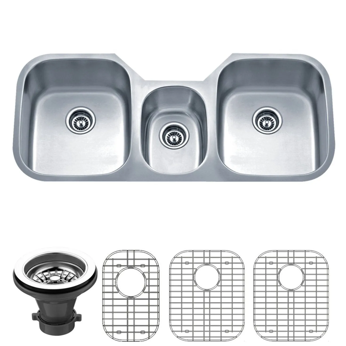 Wells Sinkware 46" 18-Gauge Undermount Triple Bowl Stainless Steel Kitchen Sink with Grid Rack and Strainer