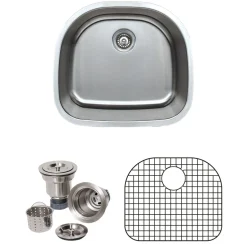 Wells Sinkware 24" 18-Gauge Undermount D-shaped Single Bowl Stainless Steel Kitchen Sink with Grid Rack and Basket Strainer