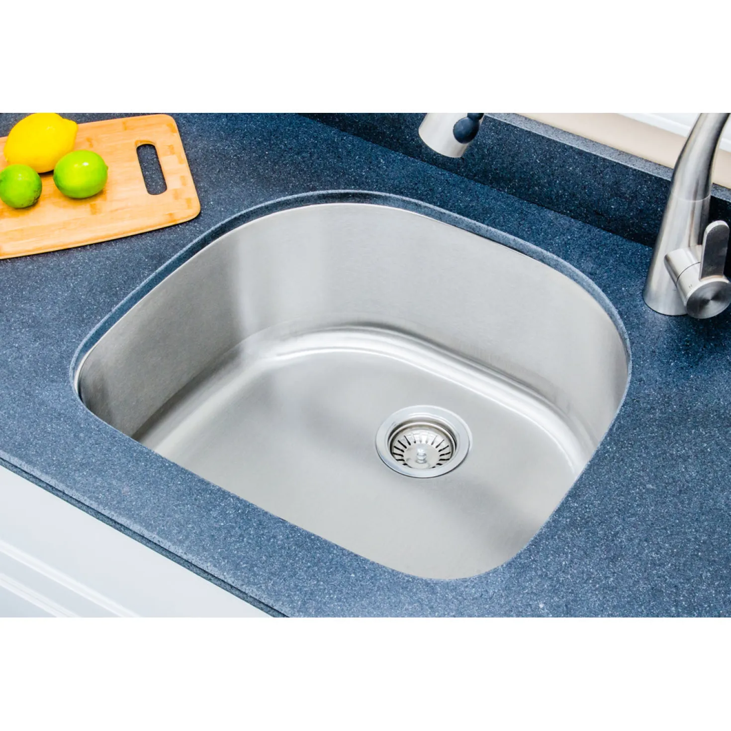 Wells Sinkware 24" 18-Gauge Undermount D-shaped Single Bowl Stainless Steel Kitchen Sink with Grid Rack and Basket Strainer