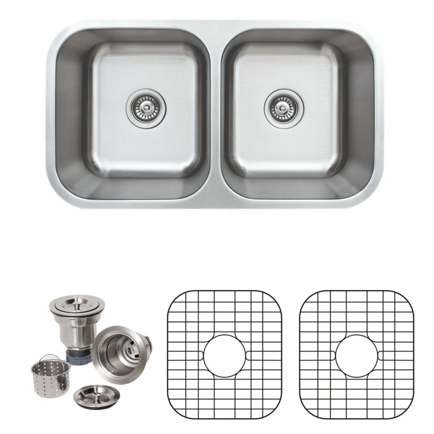 Wells Sinkware 33" 16-Gauge Undermount 50/50 Double Bowl Stainless Steel Kitchen Sink with Grid Rack and Basket Strainer