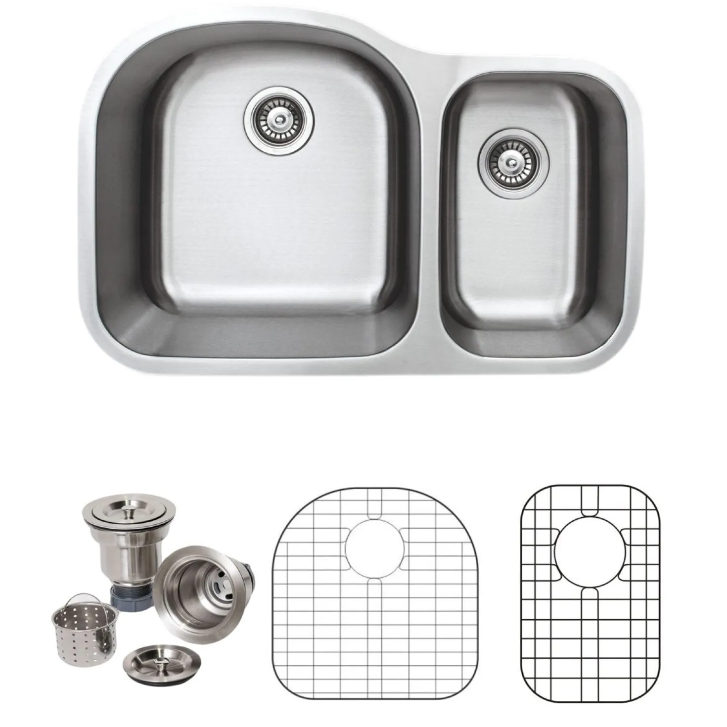 Wells Sinkware 32" 18-Gauge Undermount Double Bowl Stainless Steel Kitchen Sink with Grid Rack and Basket Strainer