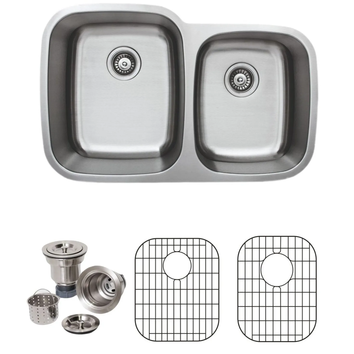 Wells Sinkware 32" 18-Gauge Undermount Double Bowl Stainless Steel Kitchen Sink with Grid Rack and Basket Strainer