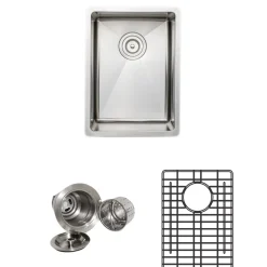 Wells Sinkware Handcrafted 14" 16-Gauge Undermount Elongated Stainless Steel Bar Sink with Grid Rack and Basket Strainer