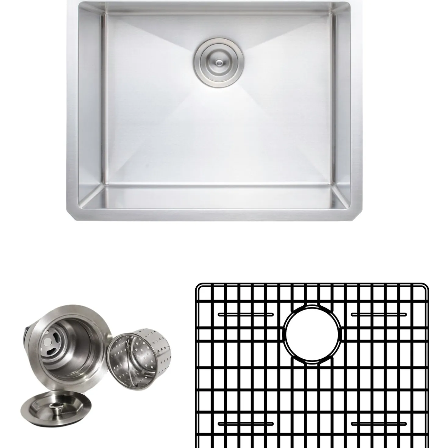 Wells Sinkware Handcrafted 23" 16-Gauge Undermount Single Bowl Stainless Steel Kitchen Sink with Grid Rack and Basket Strainer