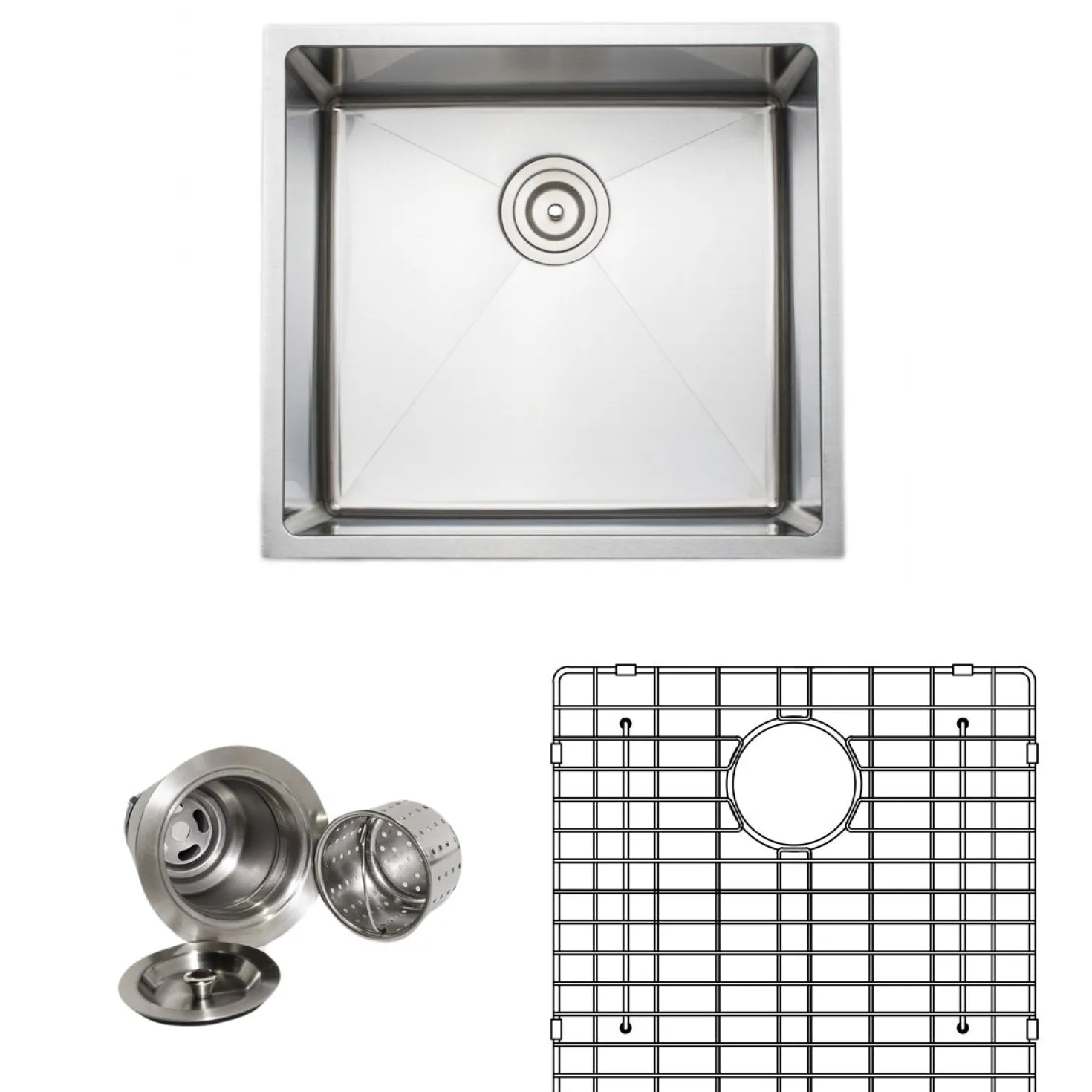 Wells Sinkware Handcrafted 21" 16-Gauge Undermount Single Bowl Stainless Steel Kitchen Sink with Grid Rack and Basket Strainer