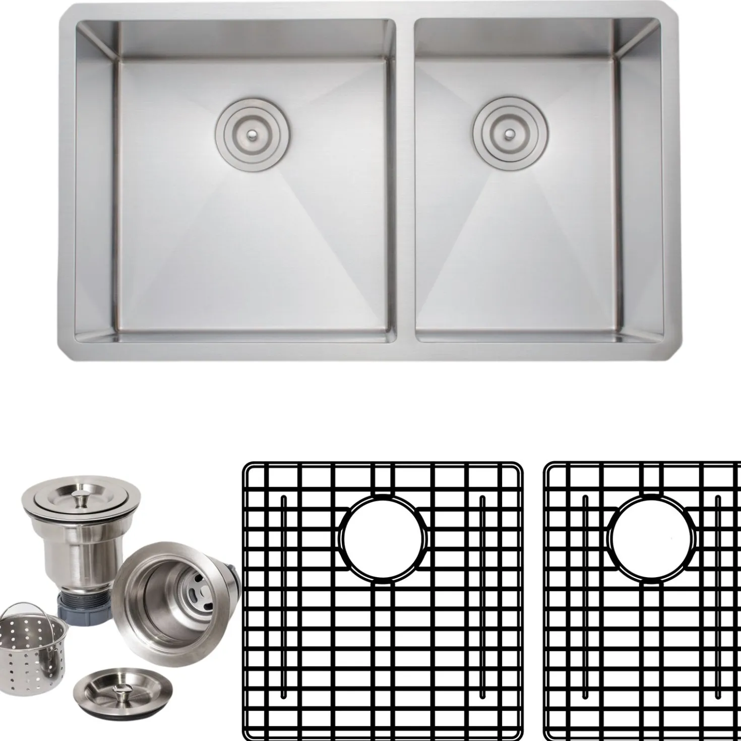 Wells Sinkware Handcrafted 33" 16-Gauge Undermount 60/40 Double Bowl Stainless Steel Kitchen Sink with Grid Racks and Basket Strainers