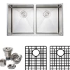 Wells Sinkware Handcrafted 33" 16-Gauge Undermount 50-50 Double Bowl Stainless Steel Kitchen Sink with Grid Rack and Basket Strainer