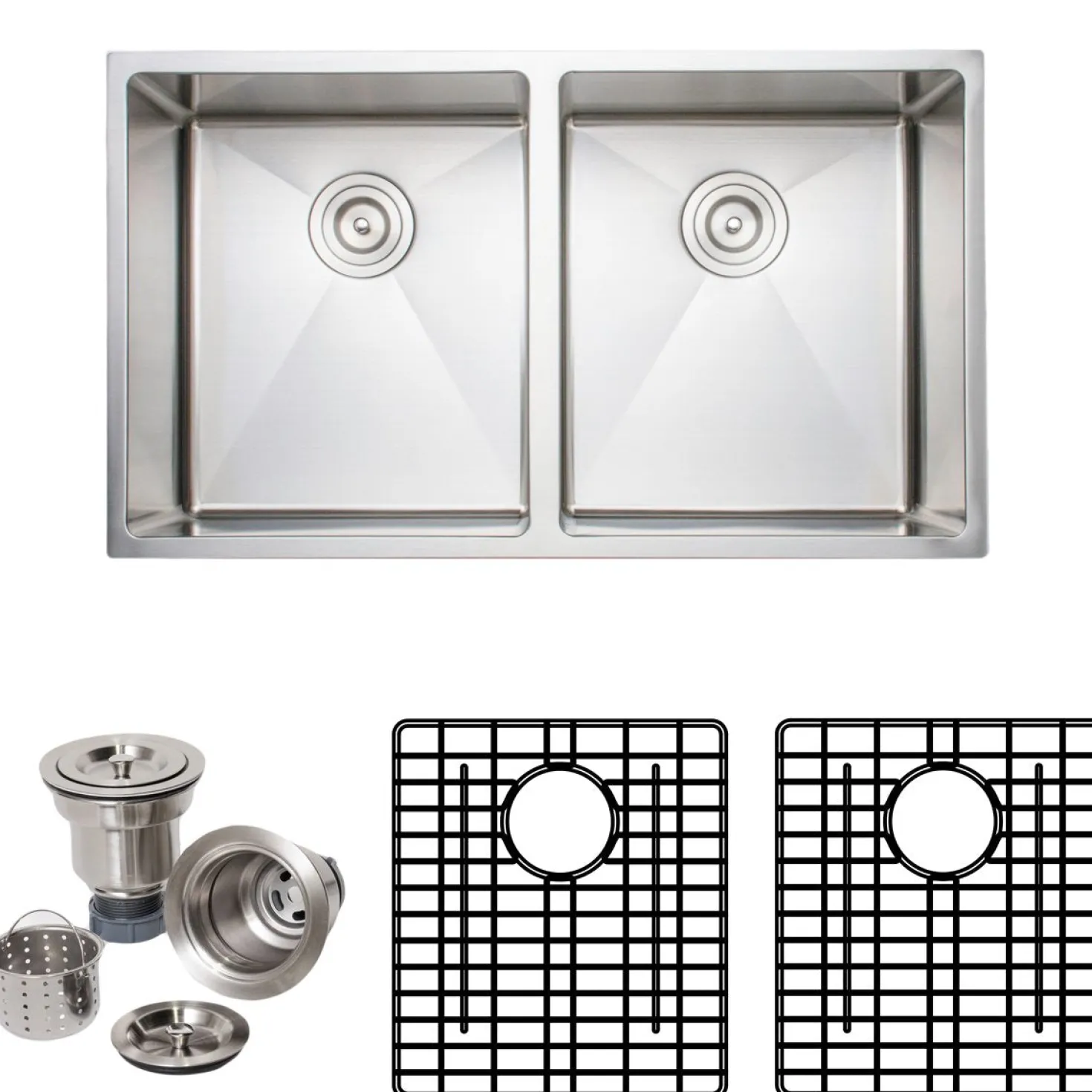 Wells Sinkware Handcrafted 33" 16-Gauge Undermount 50-50 Double Bowl Stainless Steel Kitchen Sink with Grid Rack and Basket Strainer