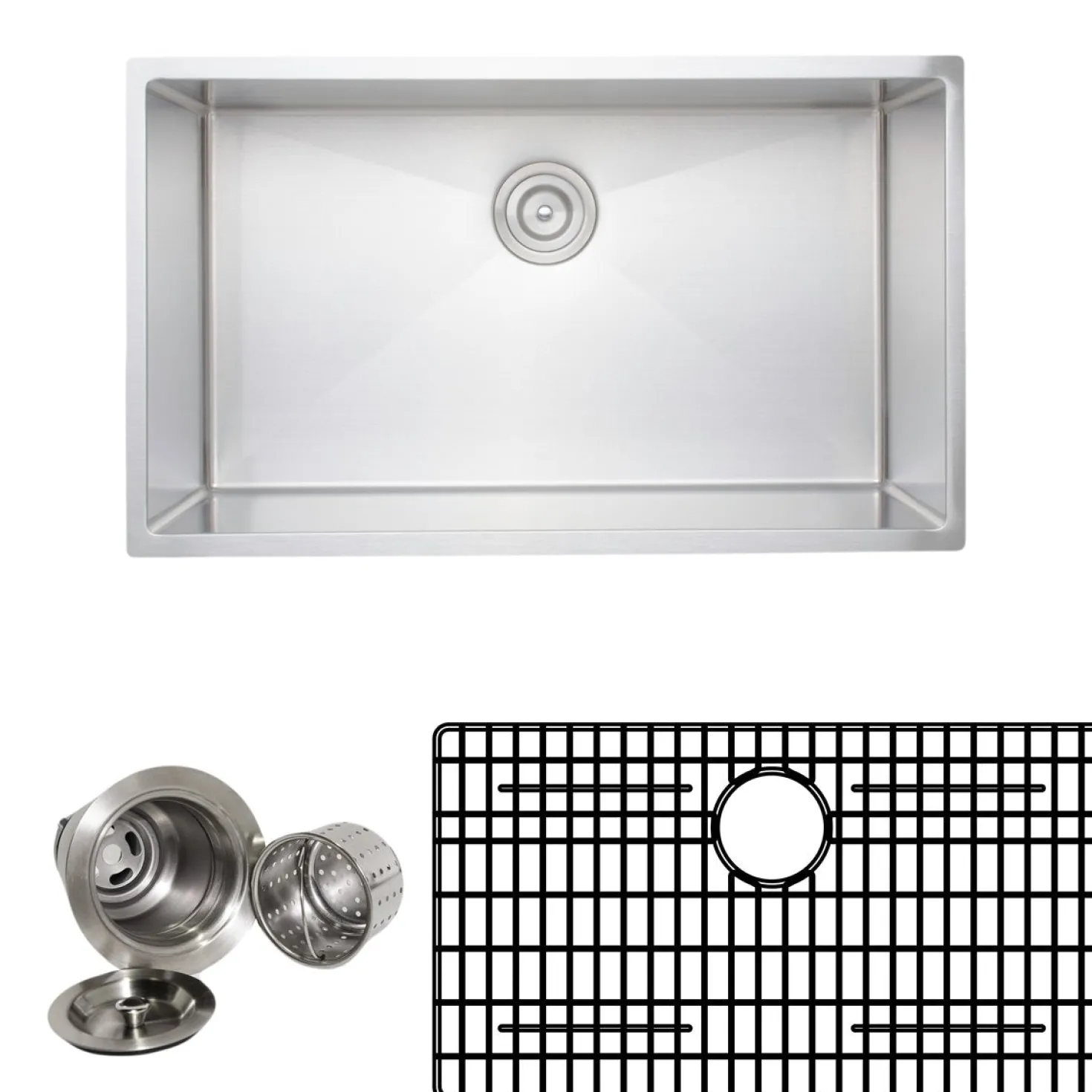 Wells Sinkware Handcrafted 32" 16-Gauge Undermount Single Bowl Stainless Steel Kitchen Sink with Grid Rack and Basket Strainer