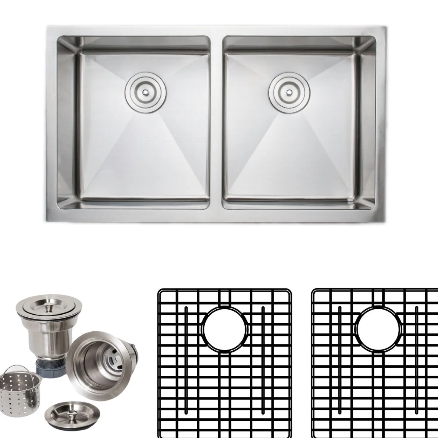 Wells Sinkware Handcrafted 33" 16-Gauge Apron Front Farmhouse 50-50 Double Bowl Stainless Steel Kitchen Sink with Grid Rack and Basket Strainer