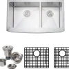 Wells Sinkware Handcrafted 36" 16-Gauge Arched Apron Front Farmhouse 60/40 Double Bowl Stainless Steel Kitchen Sink with Grid Racks and Basket Strainers
