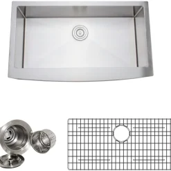 Wells Sinkware Handcrafted 36" 16-Gauge Arched Apron Front Farmhouse Single Bowl Stainless Steel Kitchen Sink with Grid Rack and Basket Strainer