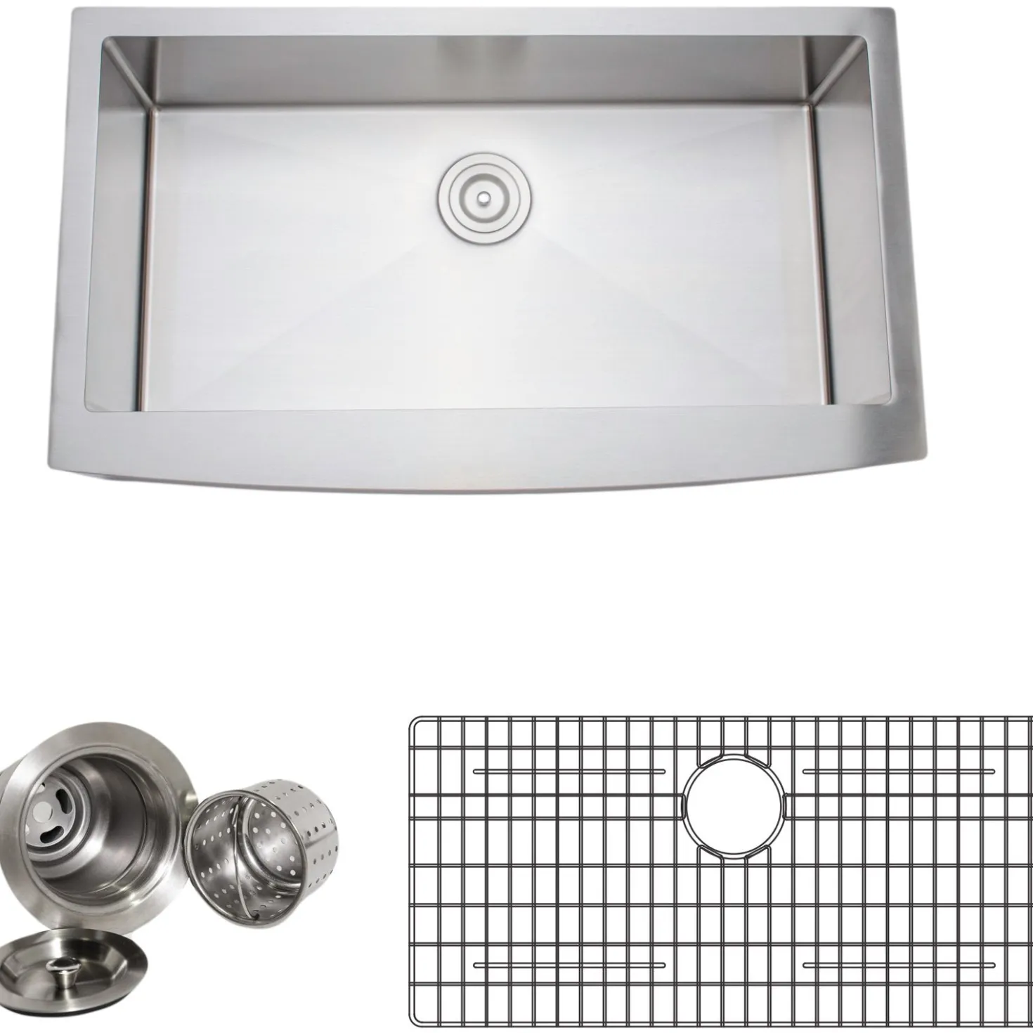 Wells Sinkware Handcrafted 36" 16-Gauge Arched Apron Front Farmhouse Single Bowl Stainless Steel Kitchen Sink with Grid Rack and Basket Strainer