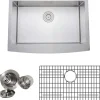 Wells Sinkware Handcrafted 30" 16-Gauge Arched Apron Front Farmhouse Single Bowl Stainless Steel Kitchen Sink with Grid Rack and Basket Strainer