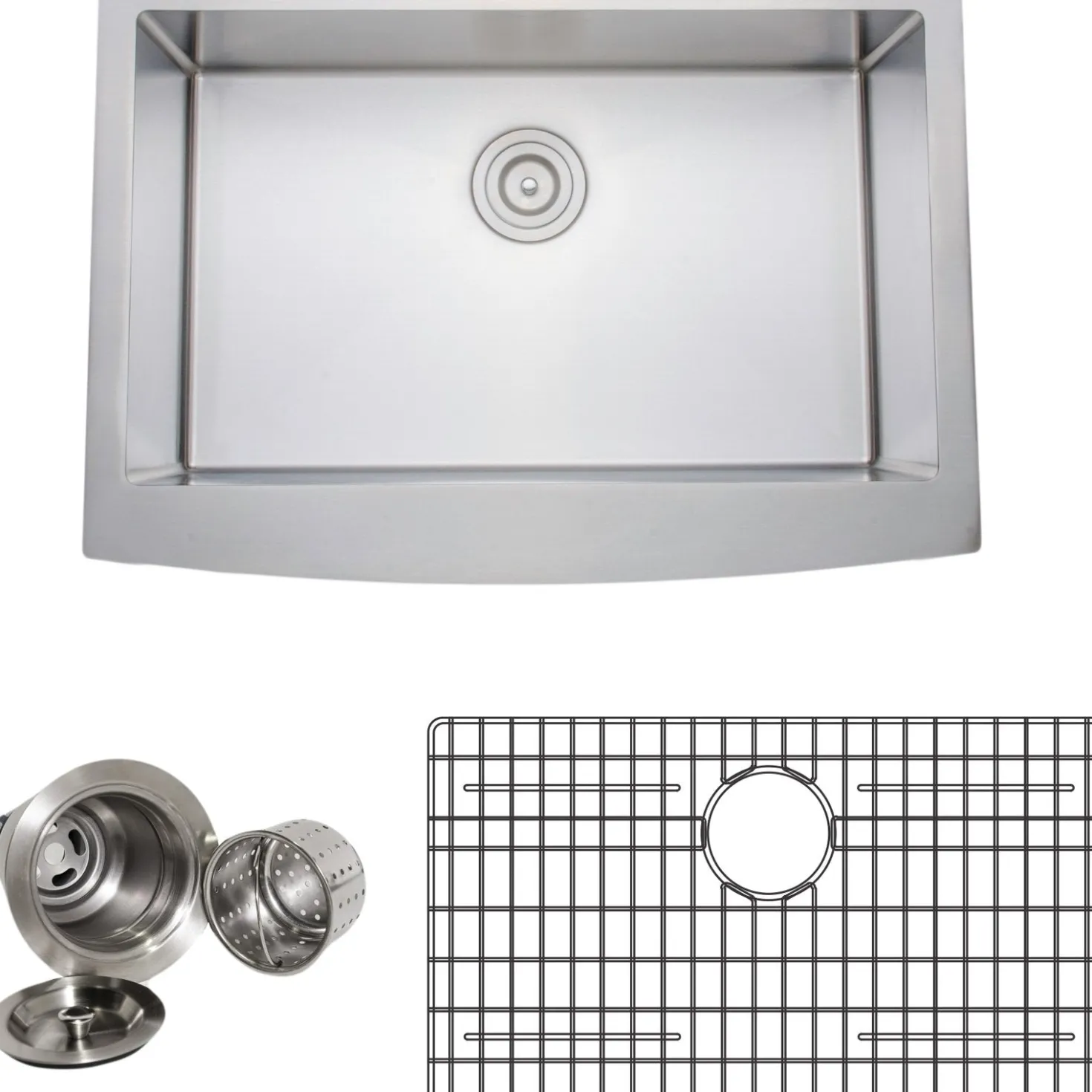 Wells Sinkware Handcrafted 30" 16-Gauge Arched Apron Front Farmhouse Single Bowl Stainless Steel Kitchen Sink with Grid Rack and Basket Strainer