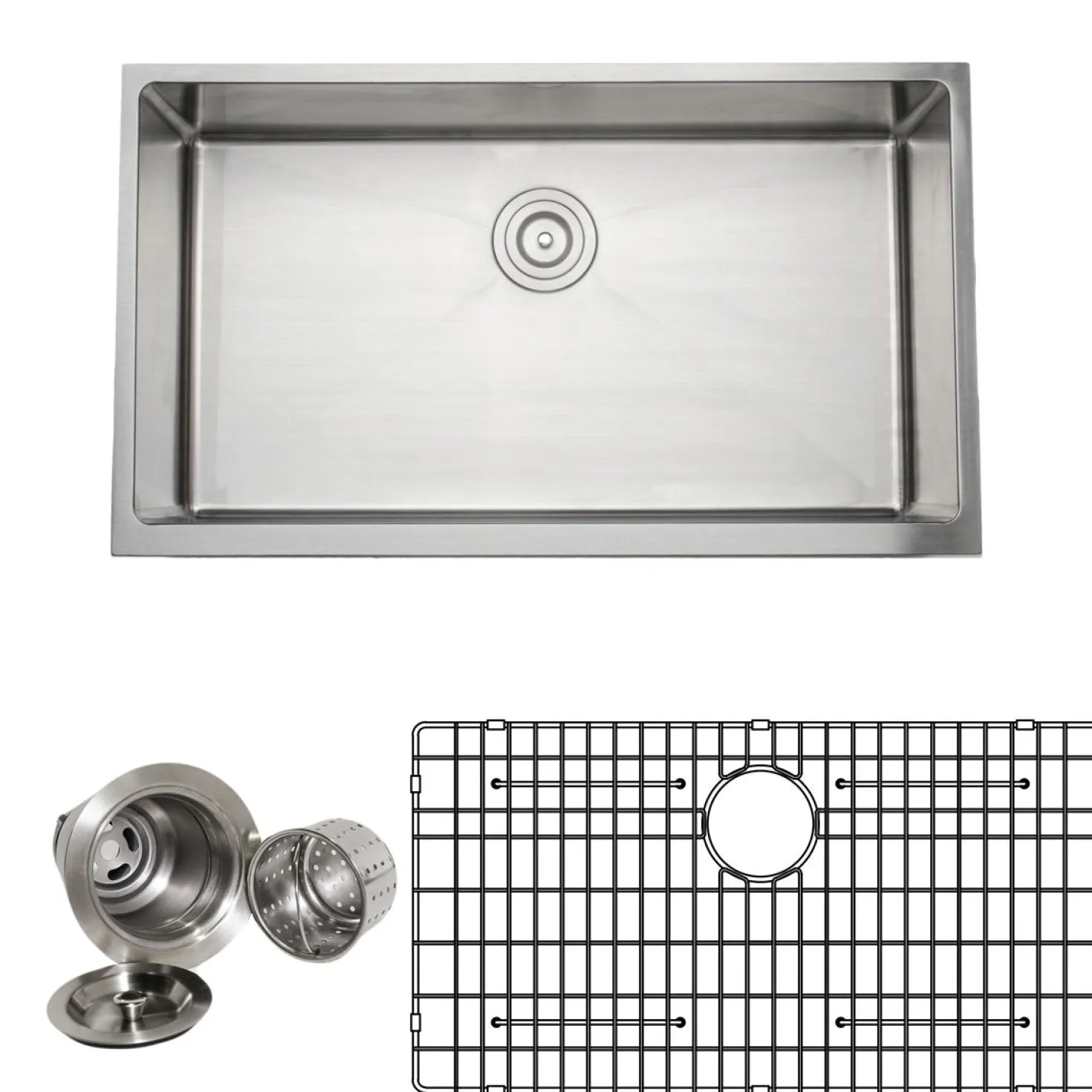Wells Sinkware Handcrafted 33" 16-Gauge Apron Front Farmhouse Single Bowl Stainless Steel Kitchen Sink with Grid Rack and Basket Strainer