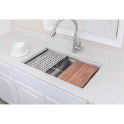 Wells Sinkware Handcrafted 32" Undermount Single Bowl Stainless Steel Kitchen Sink with Companion Stainless Steel Colander, Bottom Protection Grid Rack and Rubber Wood Cutting Board