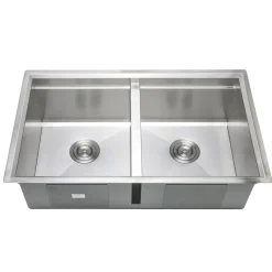 Wells Sinkware Handcrafted 32" Undermount 50-50 Double Bowl Stainless Steel Kitchen Sink with Companion Stainless Steel Colander and Rubber Wood Cutting Board