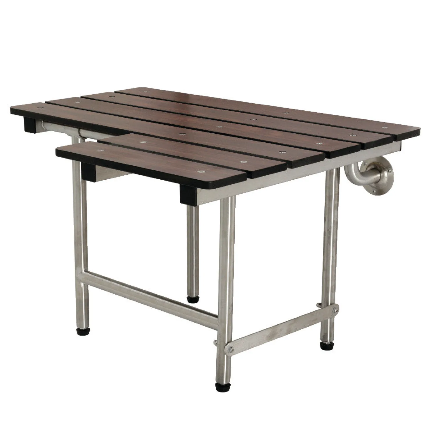 28" x 21" Wall Mount Fold Down Shower Seat with Additional Floor Supports in Dark Mahogany Wood Grain & Stainless
