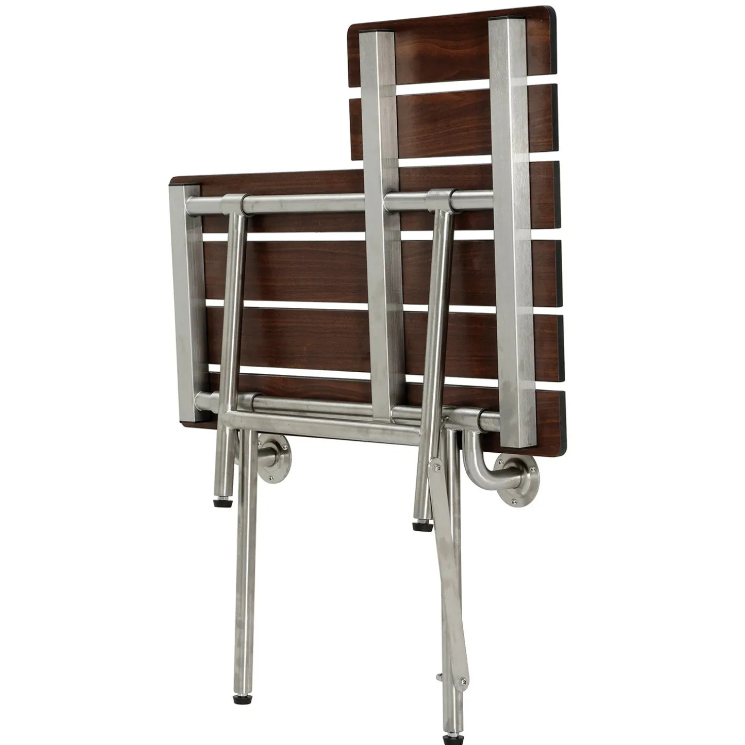 28" x 21" Wall Mount Fold Down Shower Seat with Additional Floor Supports in Dark Mahogany Wood Grain & Stainless