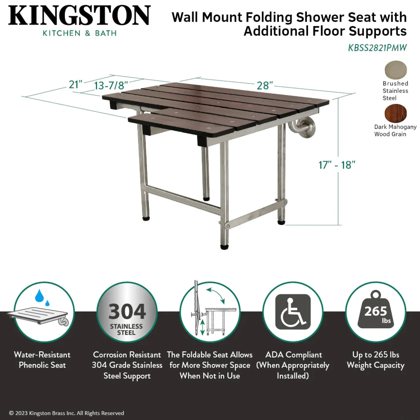 28" x 21" Wall Mount Fold Down Shower Seat with Additional Floor Supports in Dark Mahogany Wood Grain & Stainless