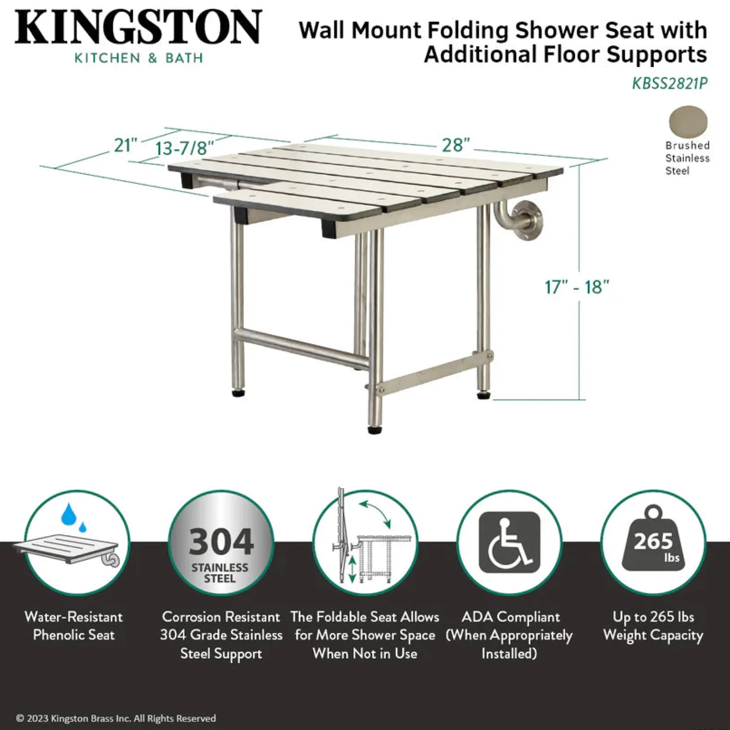 28" x 21" Wall Mount Fold Down Shower Seat with Additional Floor Supports in Brushed Stainless Steel