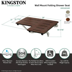 28" x 21" Wall Mount Fold Down Shower Seat in Dark Mahogany Wood Grain & Stainless