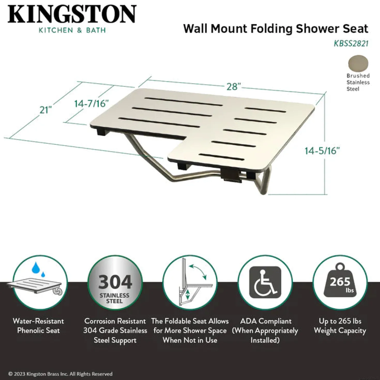 28" x 21" Wall Mount Fold Down Shower Seat in Brushed Stainless Steel