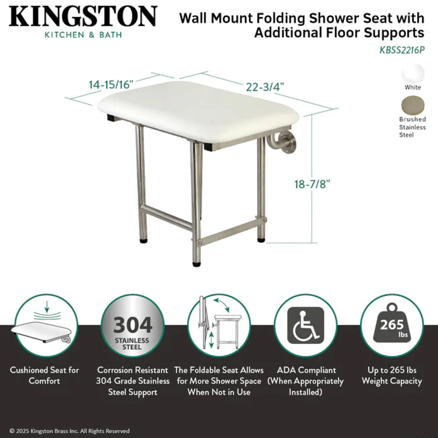 22"x 16" Wall Mount Fold Down Shower Seat with Floor Support in Brushed Stainless Steel
